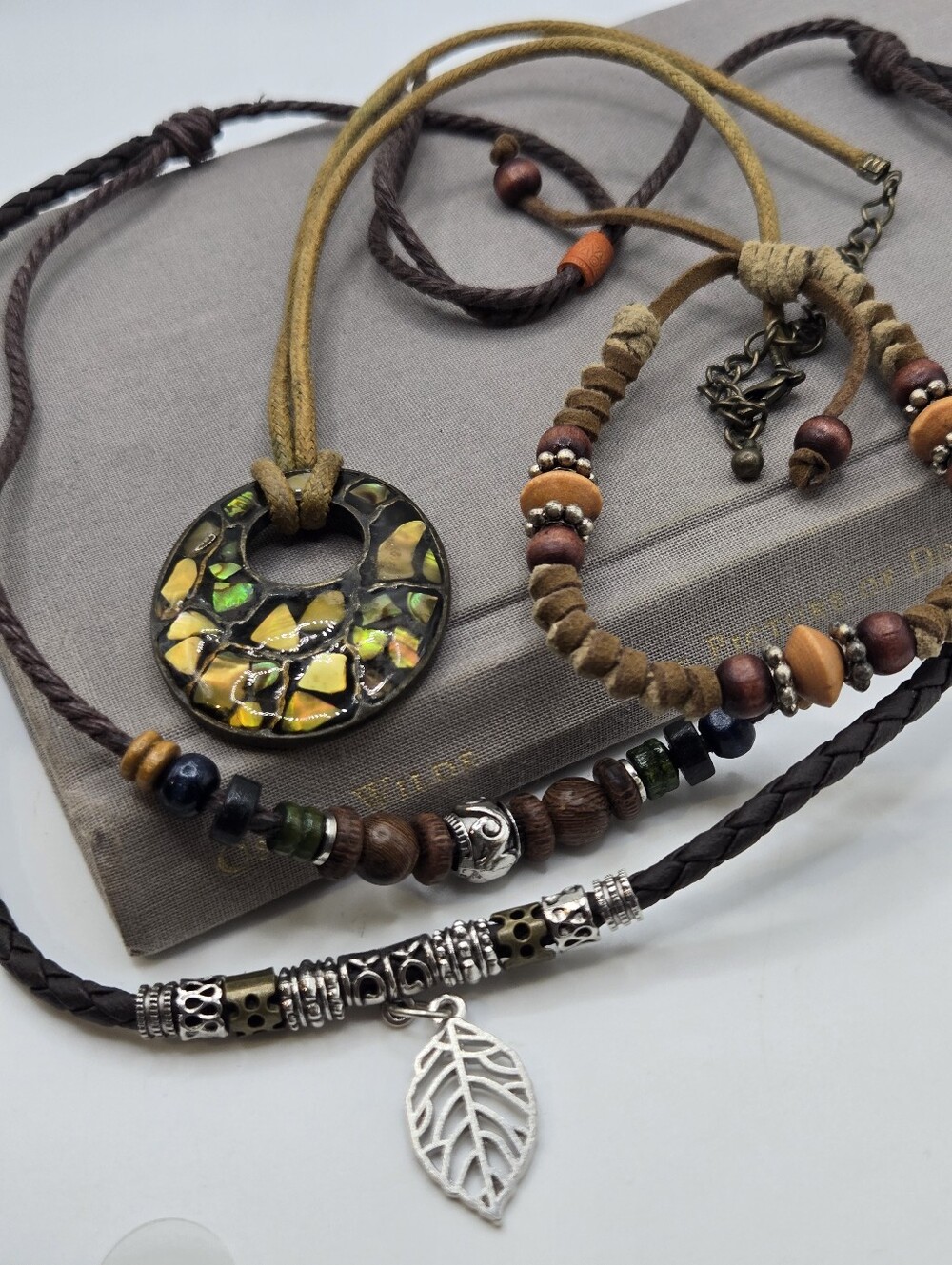 Whimsigoth Boho Medallion Pendant Necklace Fairy leather Cord Brown Beads Set